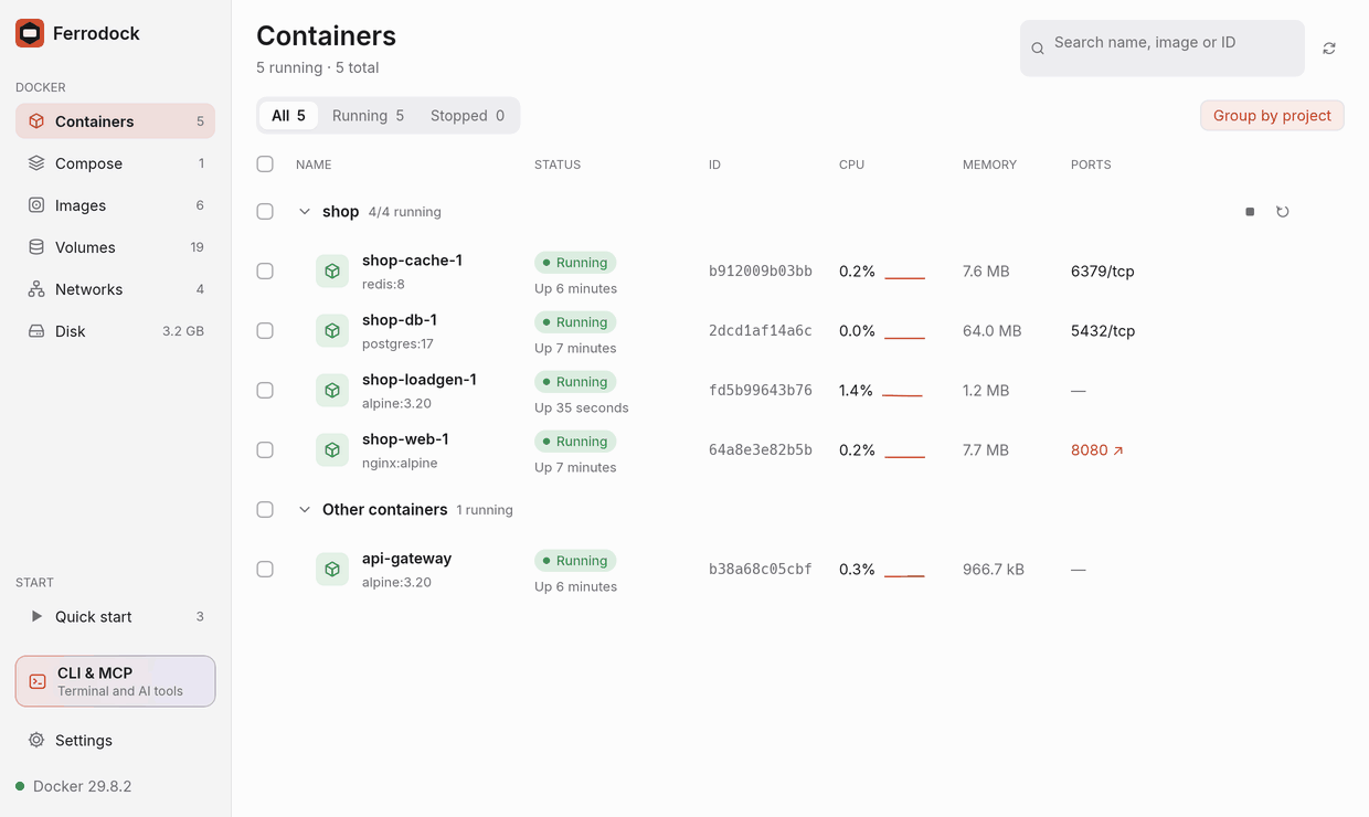 Ferrodock in action: containers grouped by Compose project, live logs and stats of a container, the command palette, and Quick start