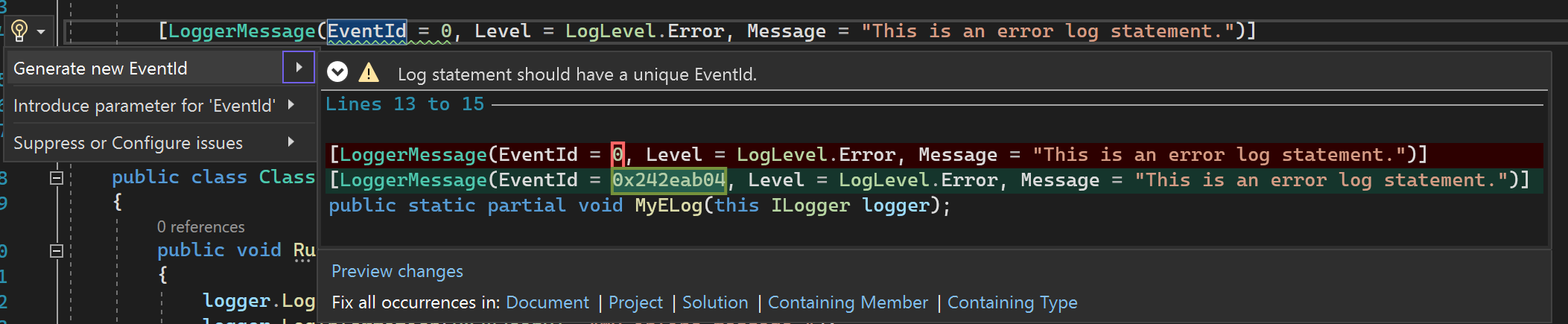 CodeFix to generate eventId on a LoggerMessage attribute