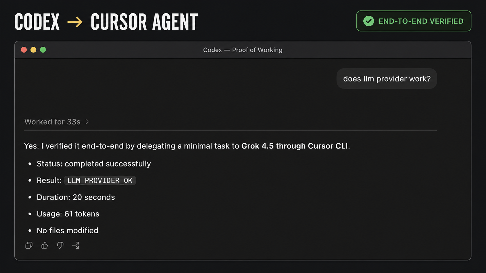 Codex delegating a verified task to Grok 4.5 through Cursor Agent