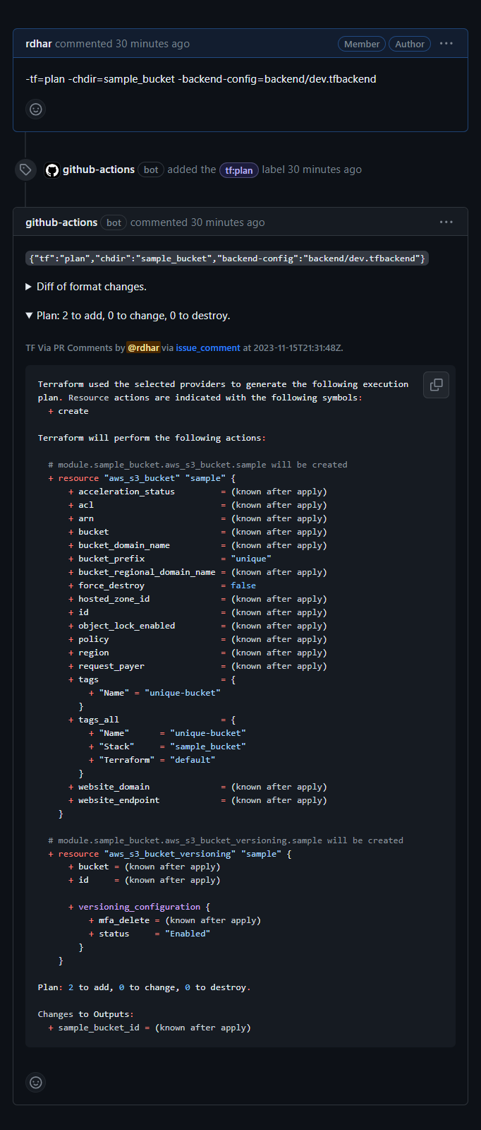 Screenshot of the author's TF command in a PR comment followed by github-action bot's TF output response in the next comment.