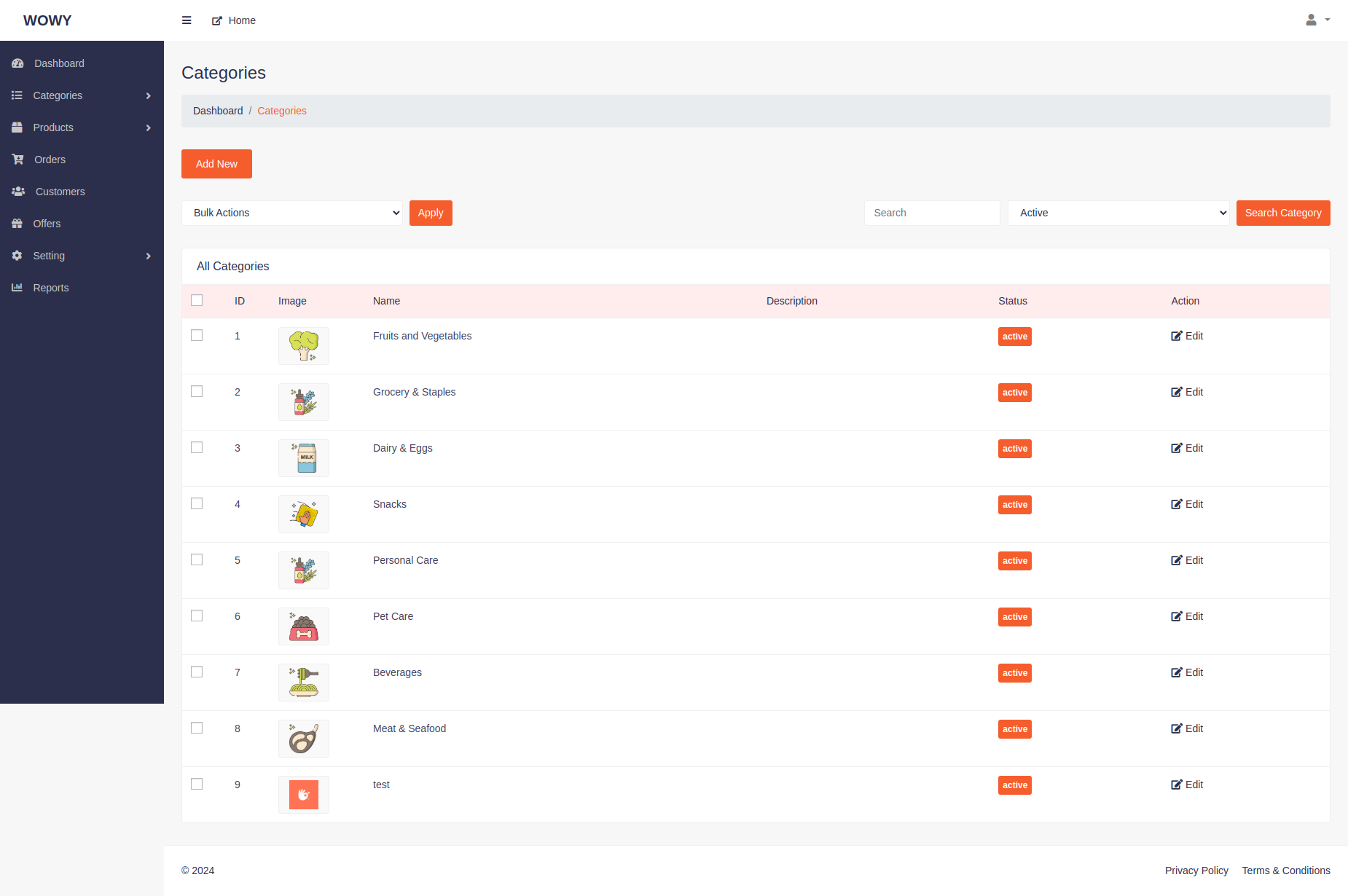 Admin categories page