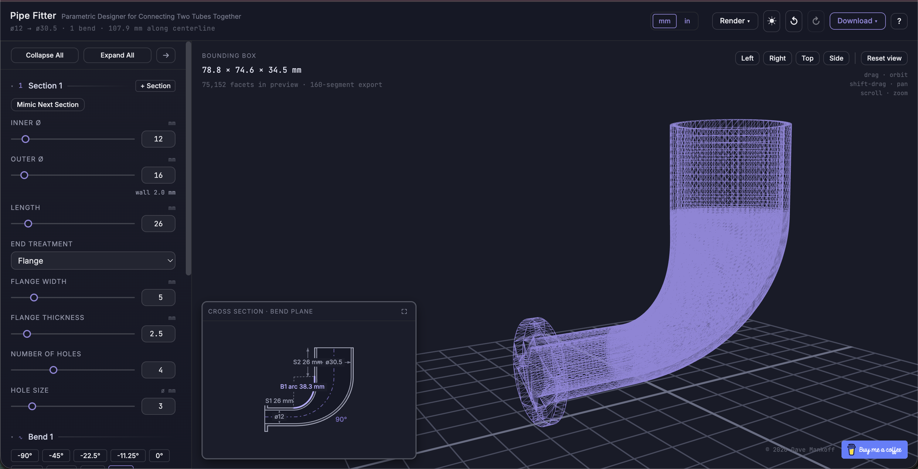 A wireframe of a bent pipe