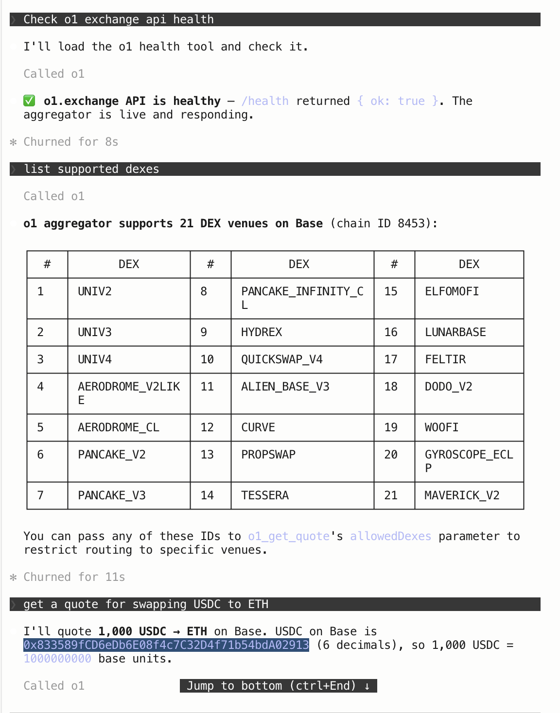 o1_health returns ok:true and o1_list_supported_dexes lists 21 venues on Base