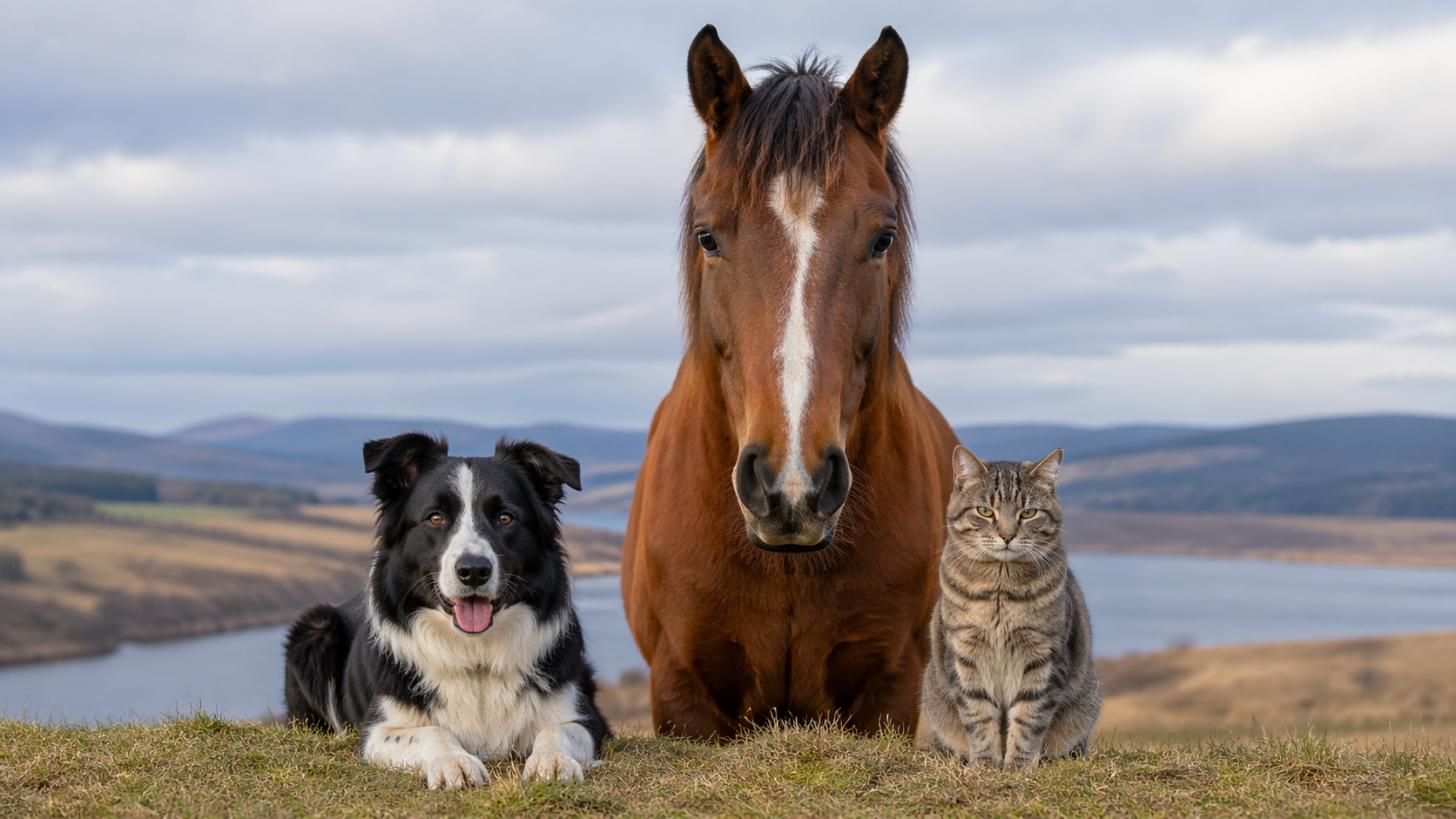 Dog, cat and horse