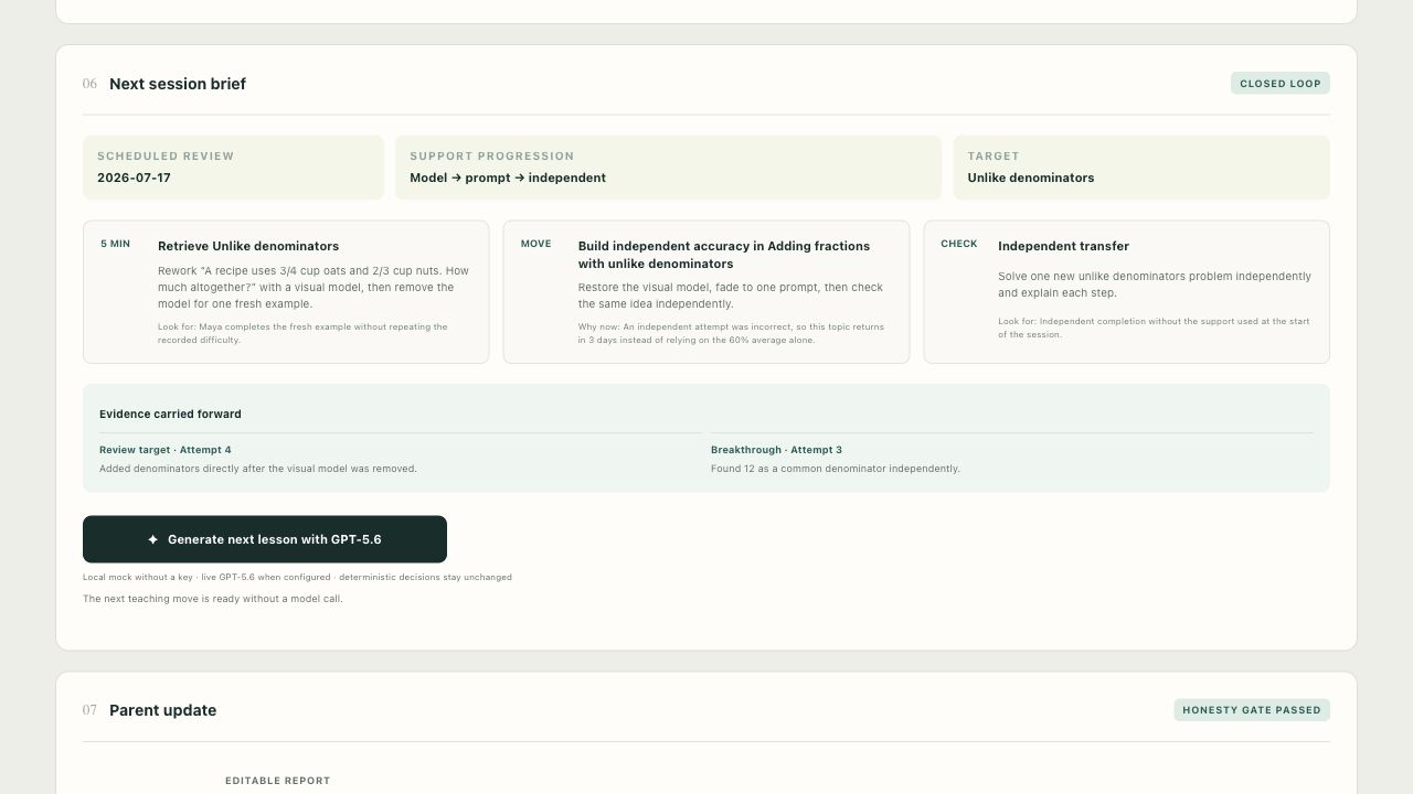 TutorOS next-session brief