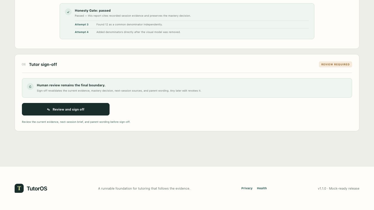 TutorOS tutor sign-off
