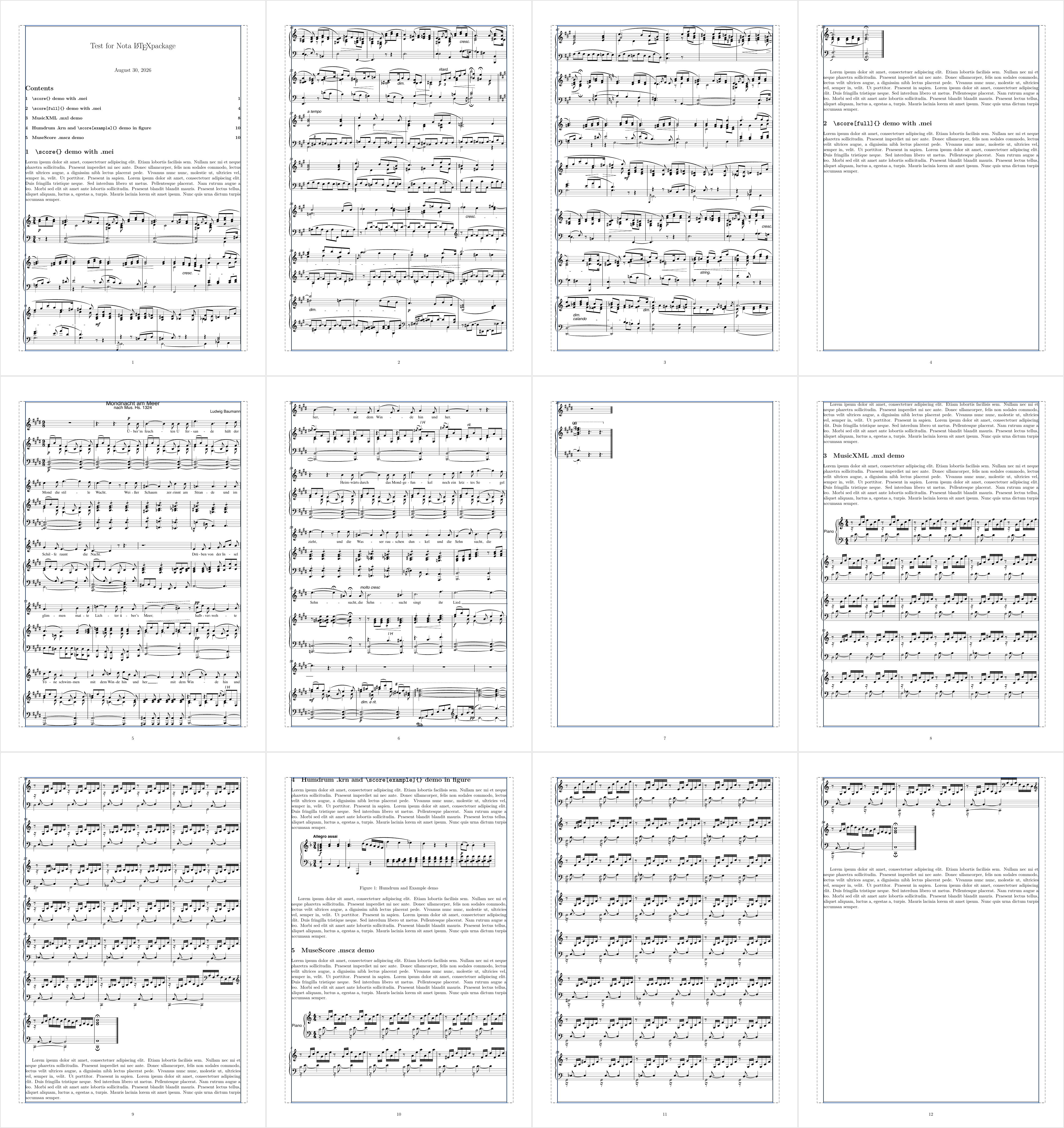 An A4 article with music flowing between paragraphs, larger scores, and compact examples. Contact sheet of a twelve-page A4 article combining paragraphs, musical examples, and full-page scores