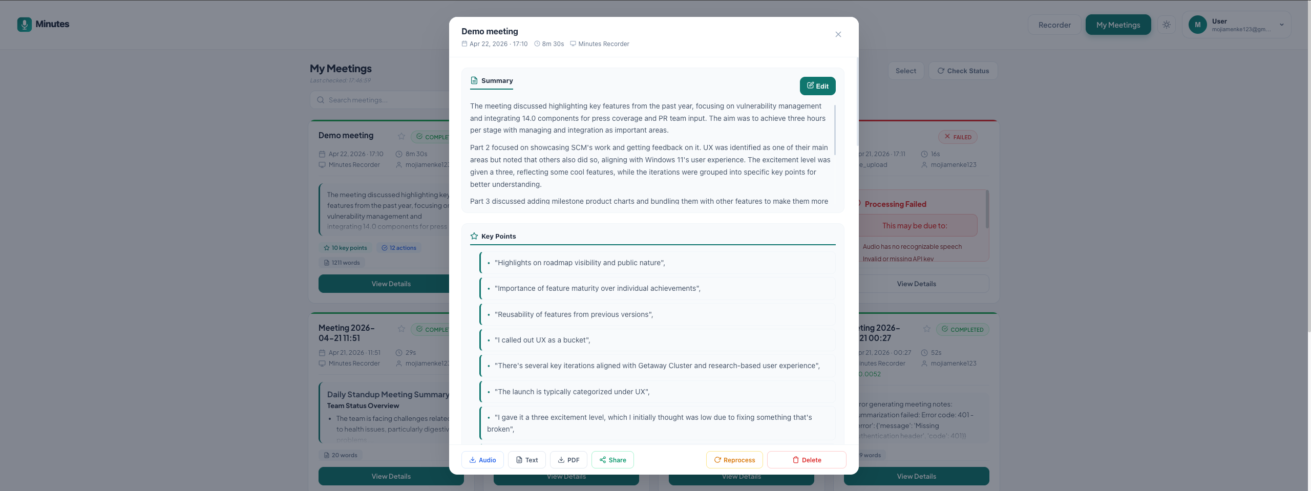 AI summary, key points, and action items