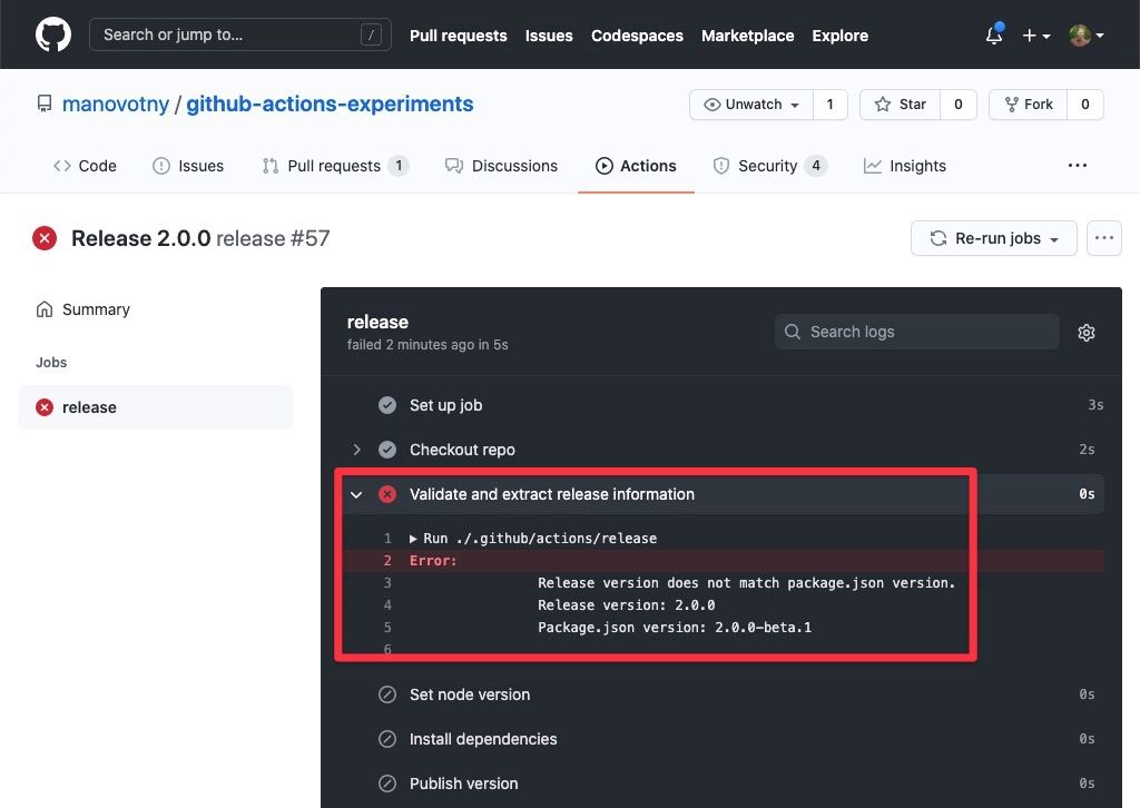 GitHub Actions release workflow failure logs