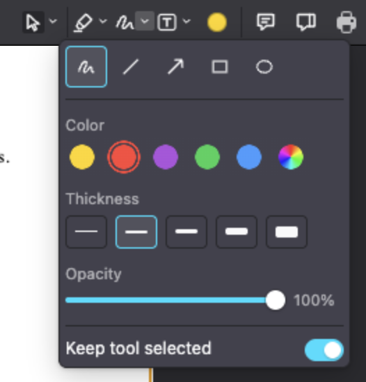 The drawing tools' options