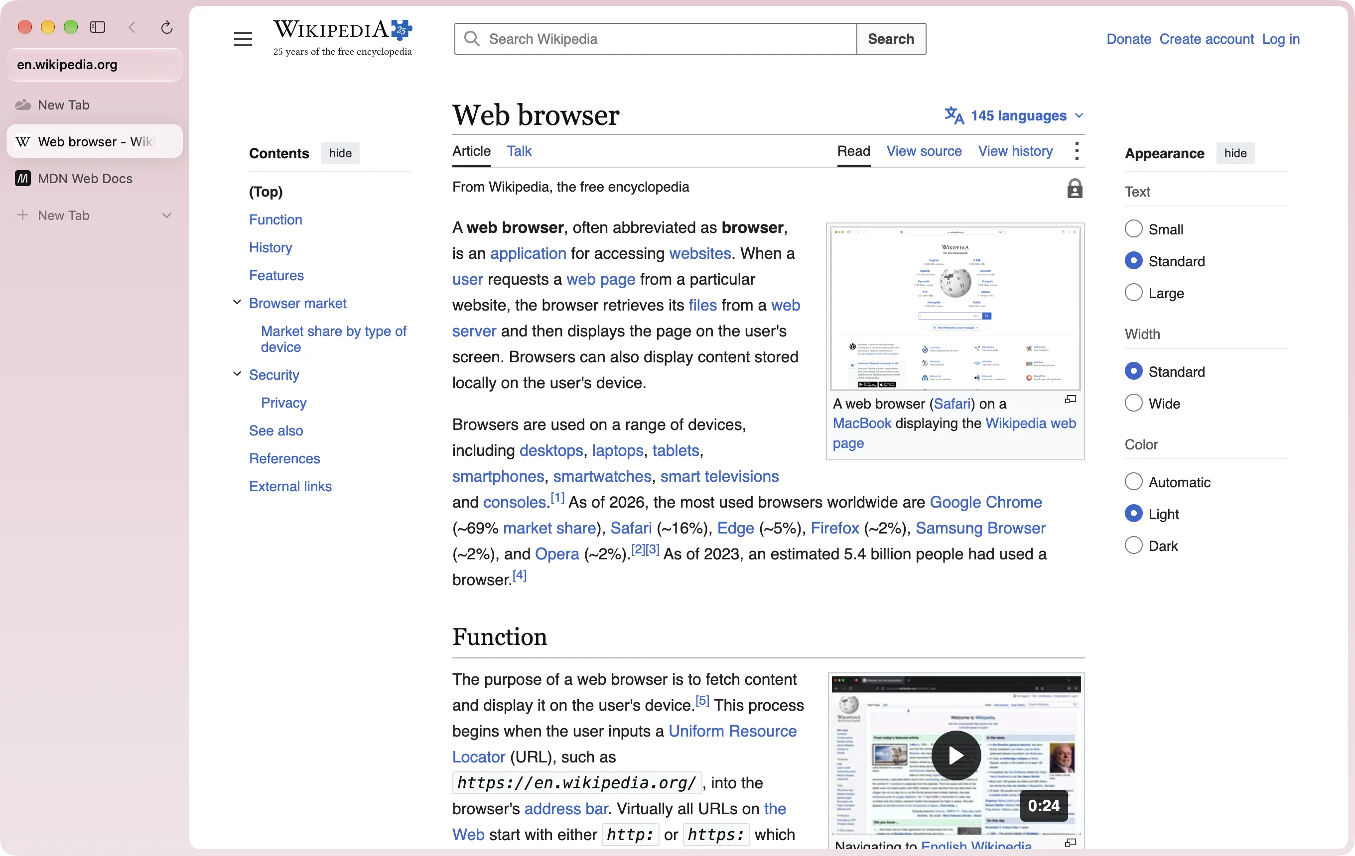 Ardia with the address bar in the sidebar under the traffic lights and Wikipedia running to the top of the window.