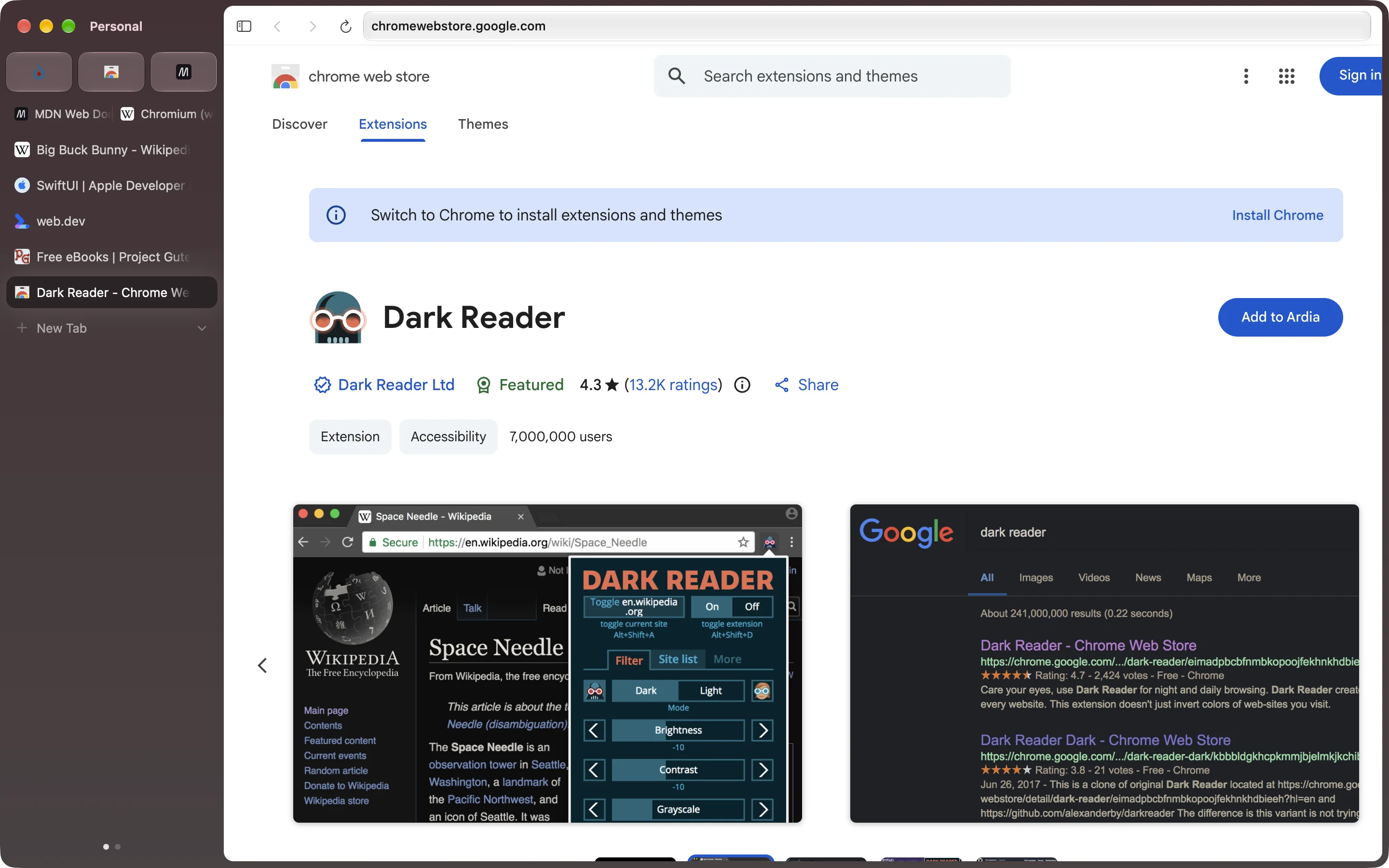 Dark Reader’s page on the Chrome Web Store, open in Ardia, with an Add to Ardia button.