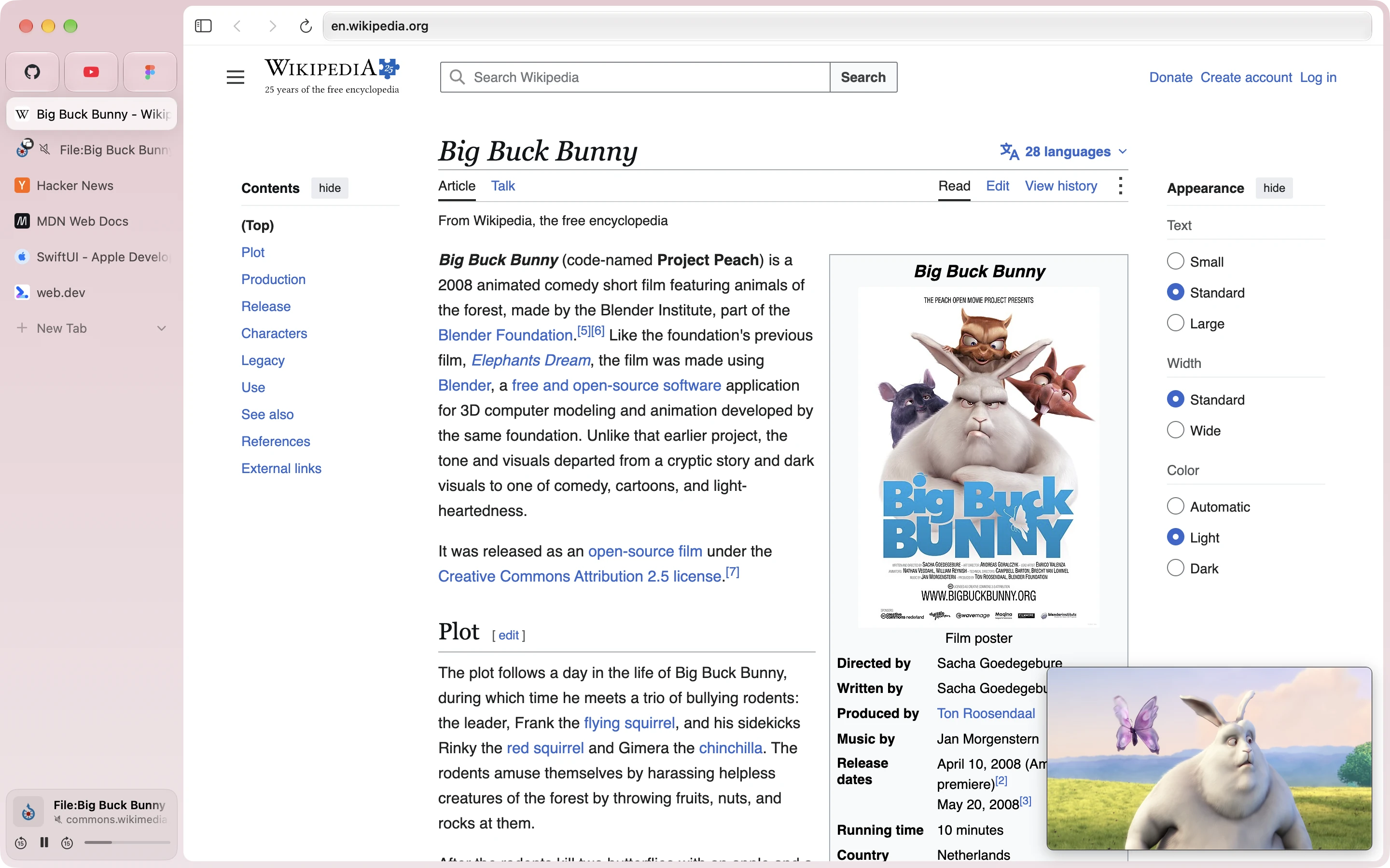 Ardia on Wikipedia’s article about Big Buck Bunny, while the film keeps playing in a small floating window at the bottom right.