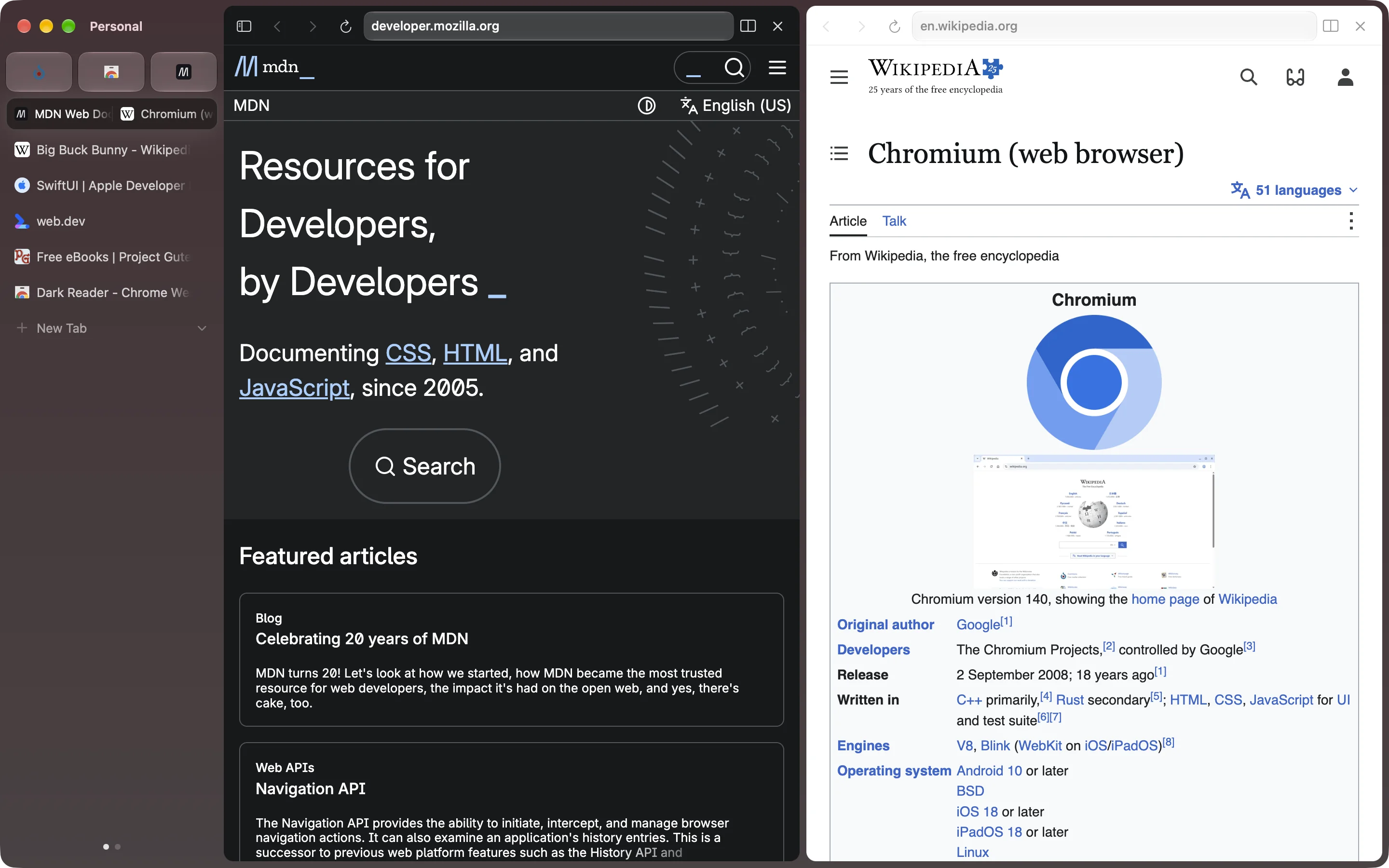 Ardia in split view: MDN on the left, Wikipedia on the right, both in one window.