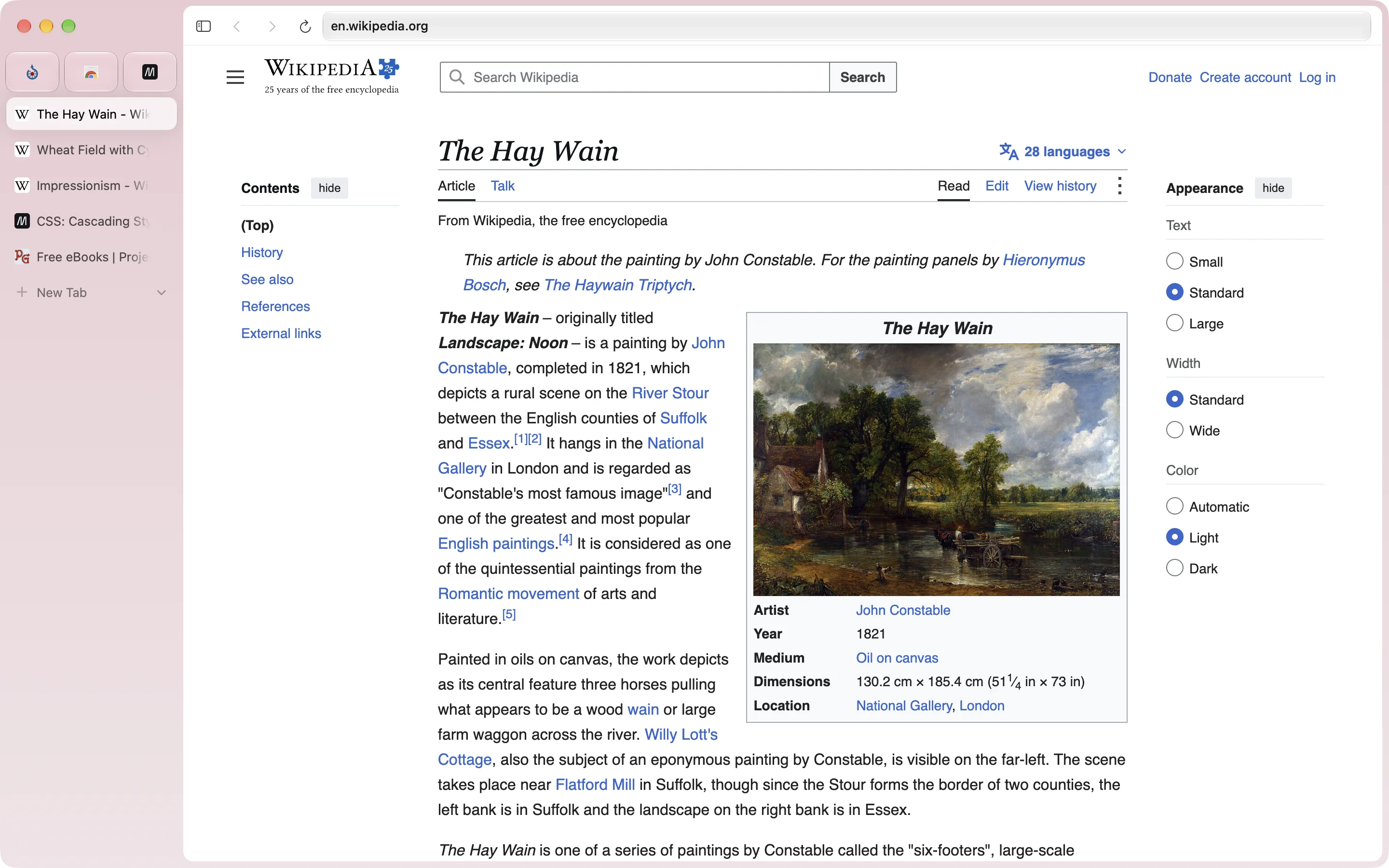 The Ardia window in light mode: pinned tiles and tabs in the sidebar, and Wikipedia’s article on The Hay Wain open on the right.