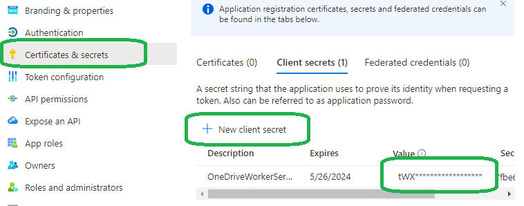 Screenshot for creating client secret