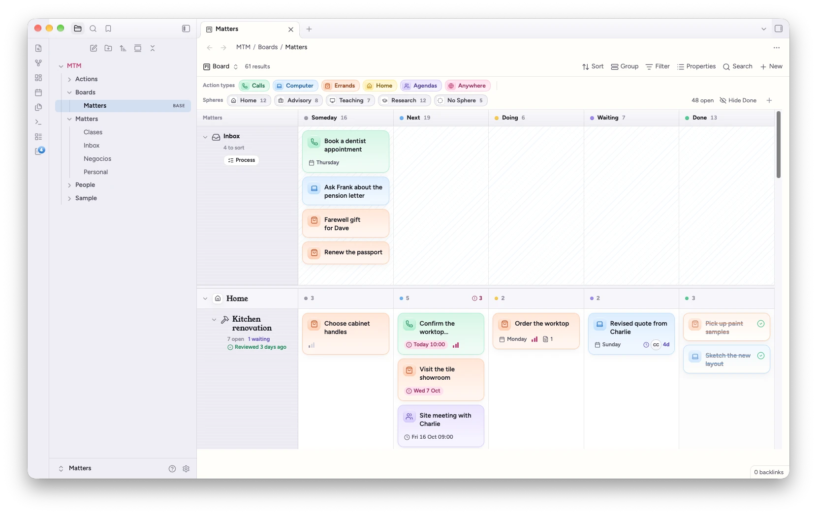 The board: one lane per Matter, grouped by Sphere, with a column per status (shown with the Calm Matters theme)