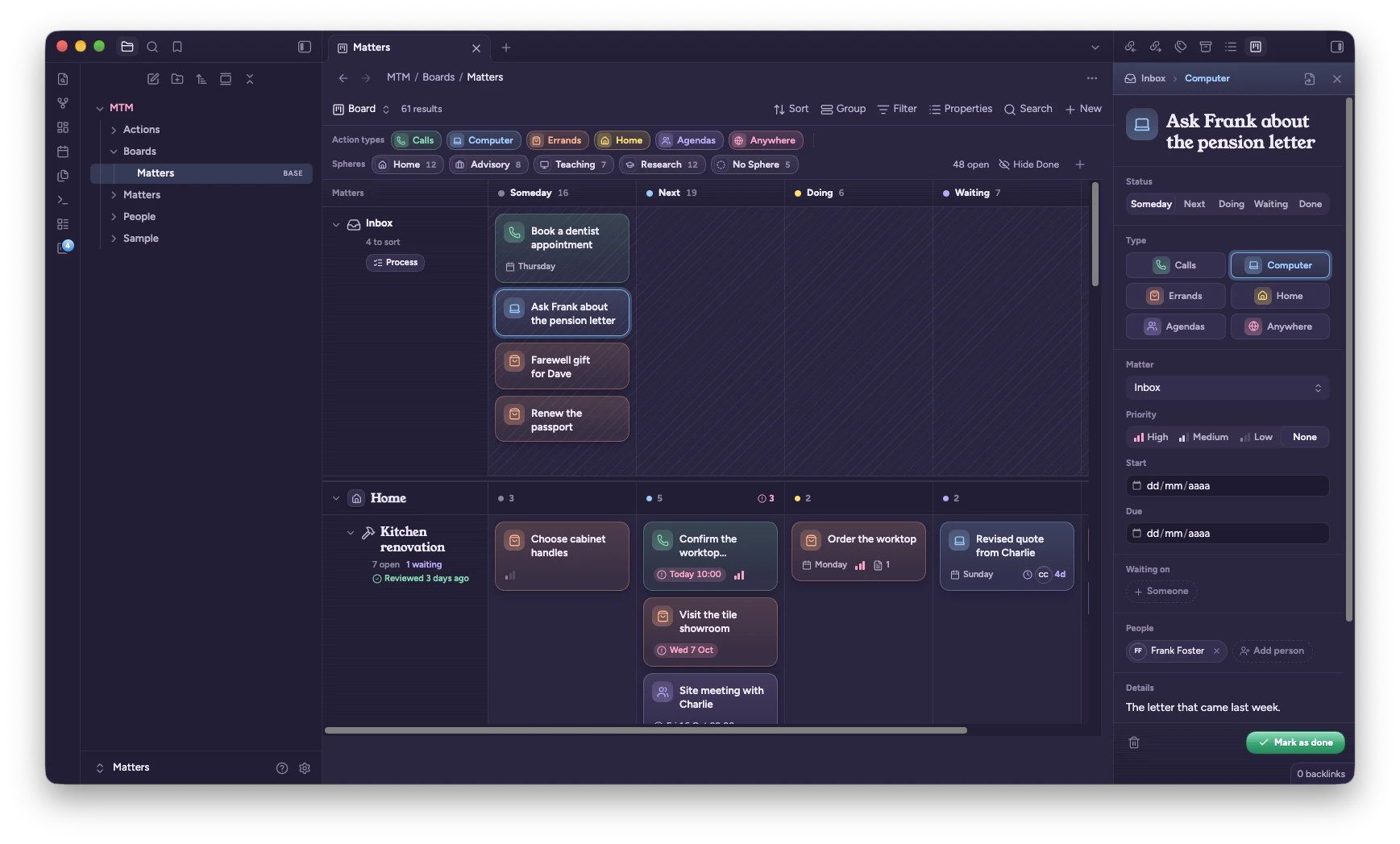 The inspector beside the board, in dark mode