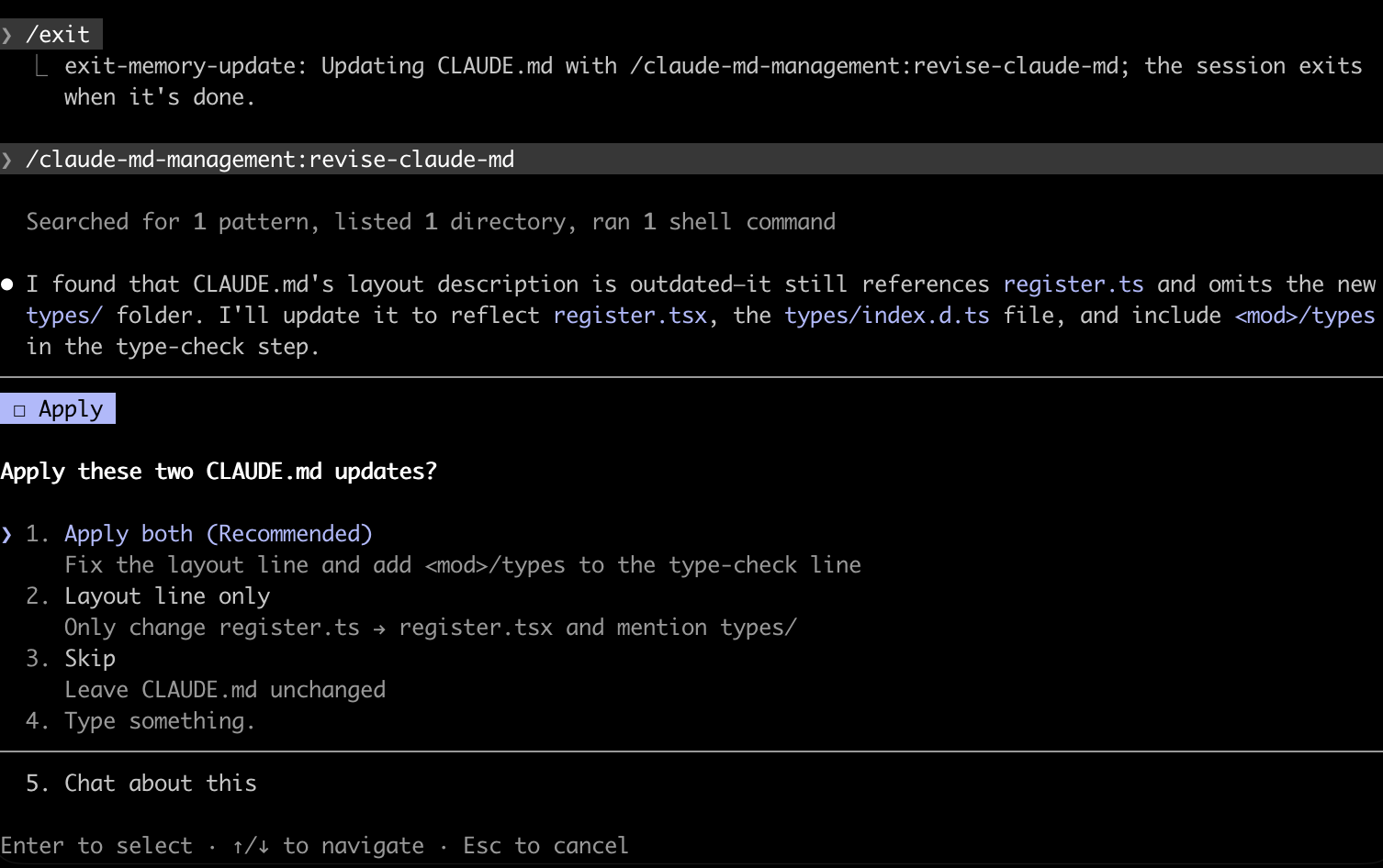 The CLAUDE.md update running through /claude-md-management:revise-claude-md