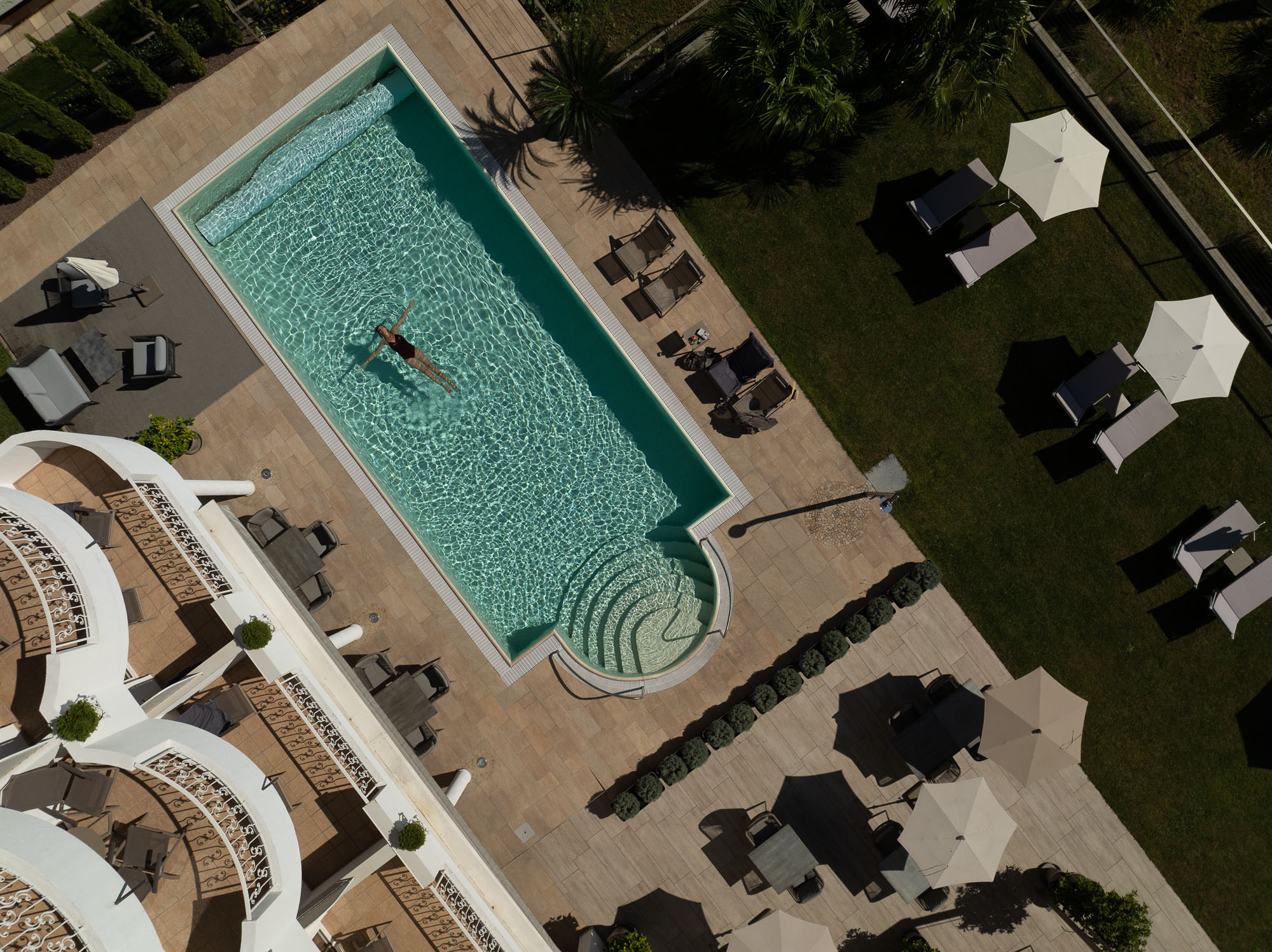 Aerial view of Hotel Maria Theresia panorama pool – Algund South Tyrol