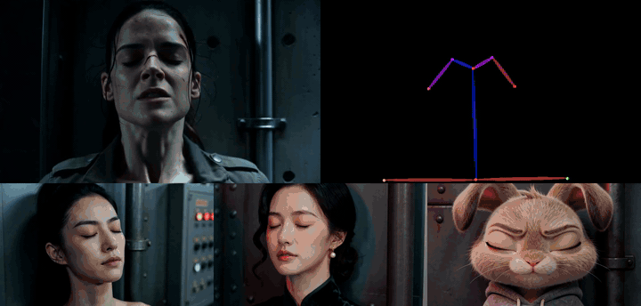 the fight scene, its skeleton, and three new takes generated from the skeleton