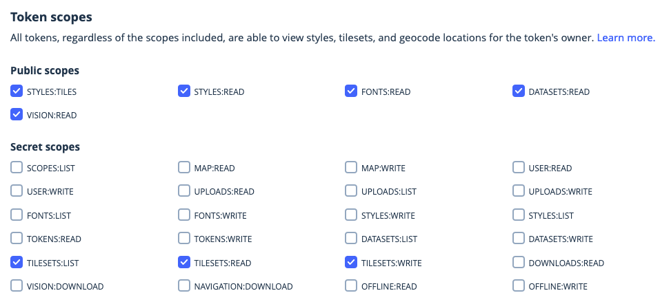 Mapbox token scopes