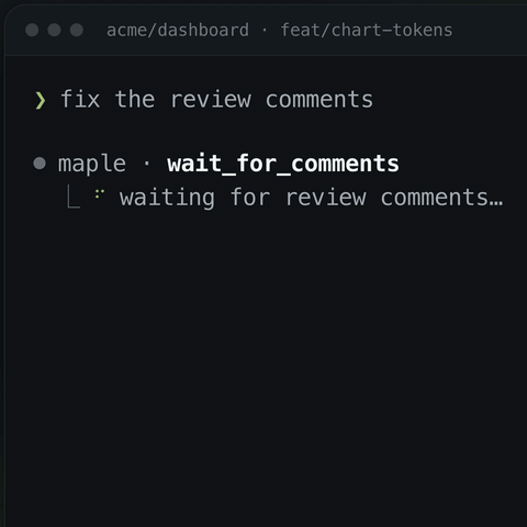 A terminal: the agent waits for comments, receives one naming a file and line, edits one line, and resolves the comment in a commit.