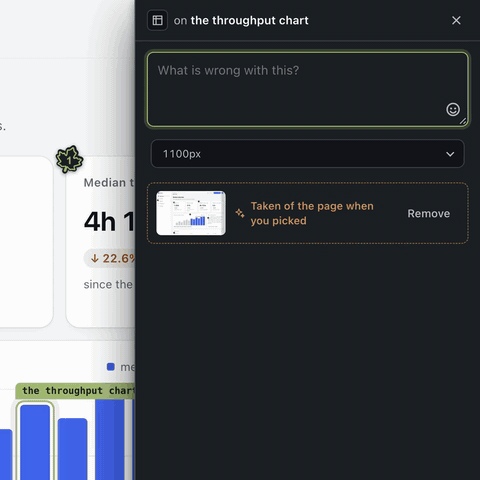 A reviewer types a comment on a chart and it is scored as a request, rated on being specific, actionable, concise, standalone and placed.