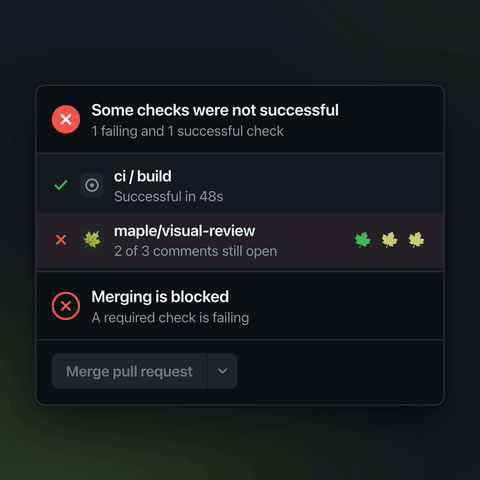 A pull request's checks: maple/visual-review fails with two comments open, they resolve, the check passes and the merge button wakes up.