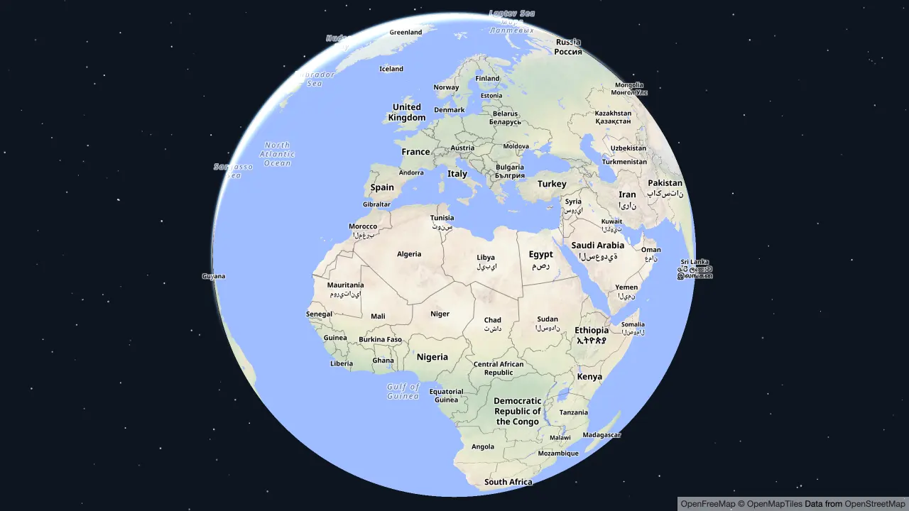 globe projection rendered by MapLibre GL JS