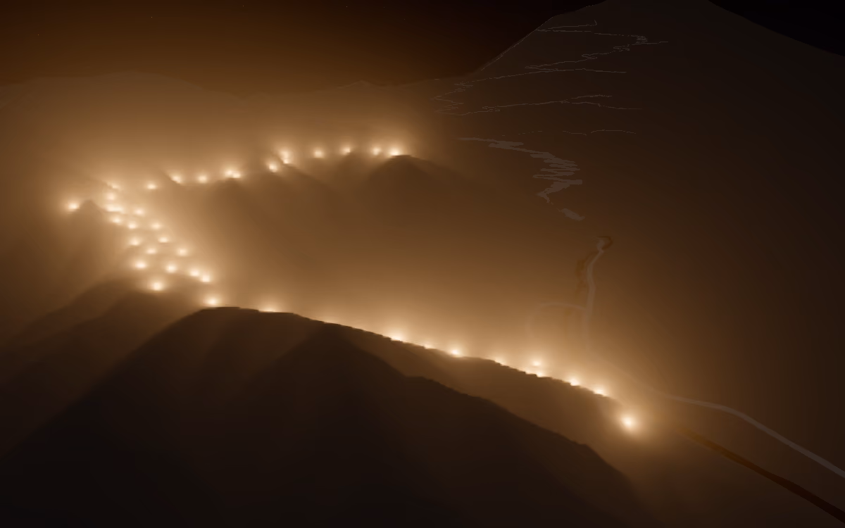 Night hillside lit by fog lights, drawn with a custom shader
