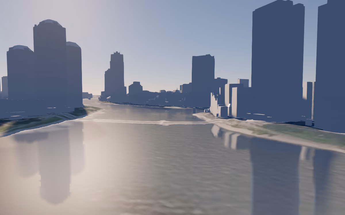 City buildings reflected on water with screen-space reflections