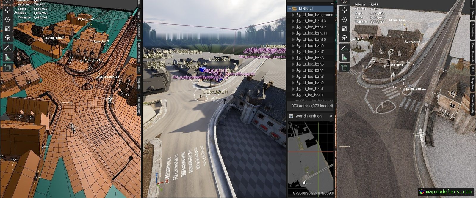 The same street: Blender wireframe, Unreal, Blender render