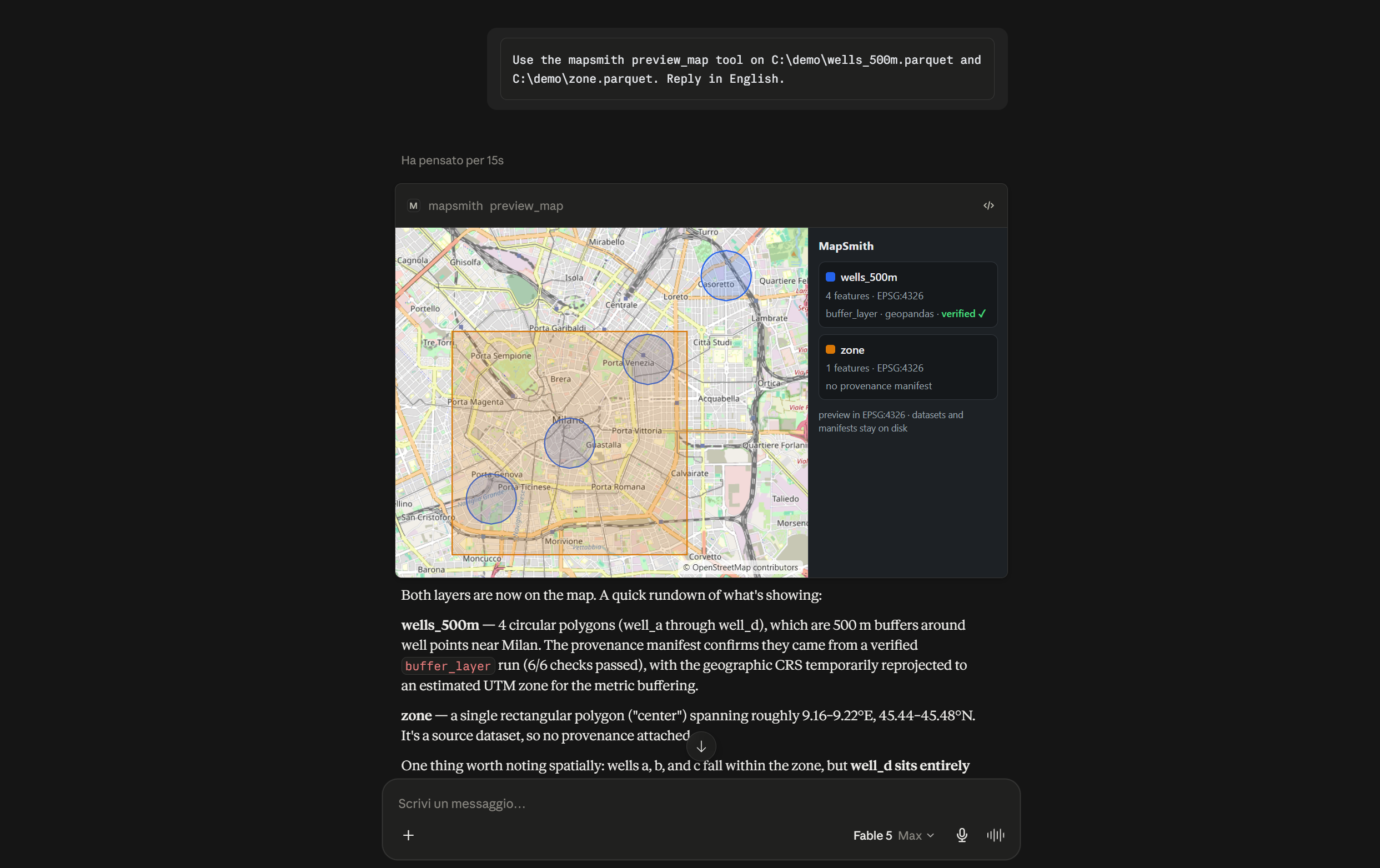 MapSmith's interactive map panel rendered inside Claude Desktop: OSM basemap, buffer and zone layers, and per-layer provenance cards with verification status