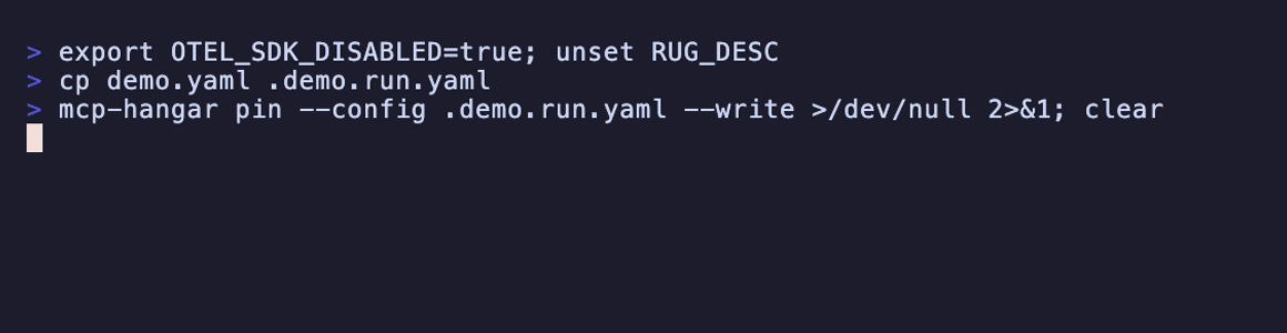 An MCP server rewrites its tool's description between runs; Hangar refuses the identical call against the pinned digest