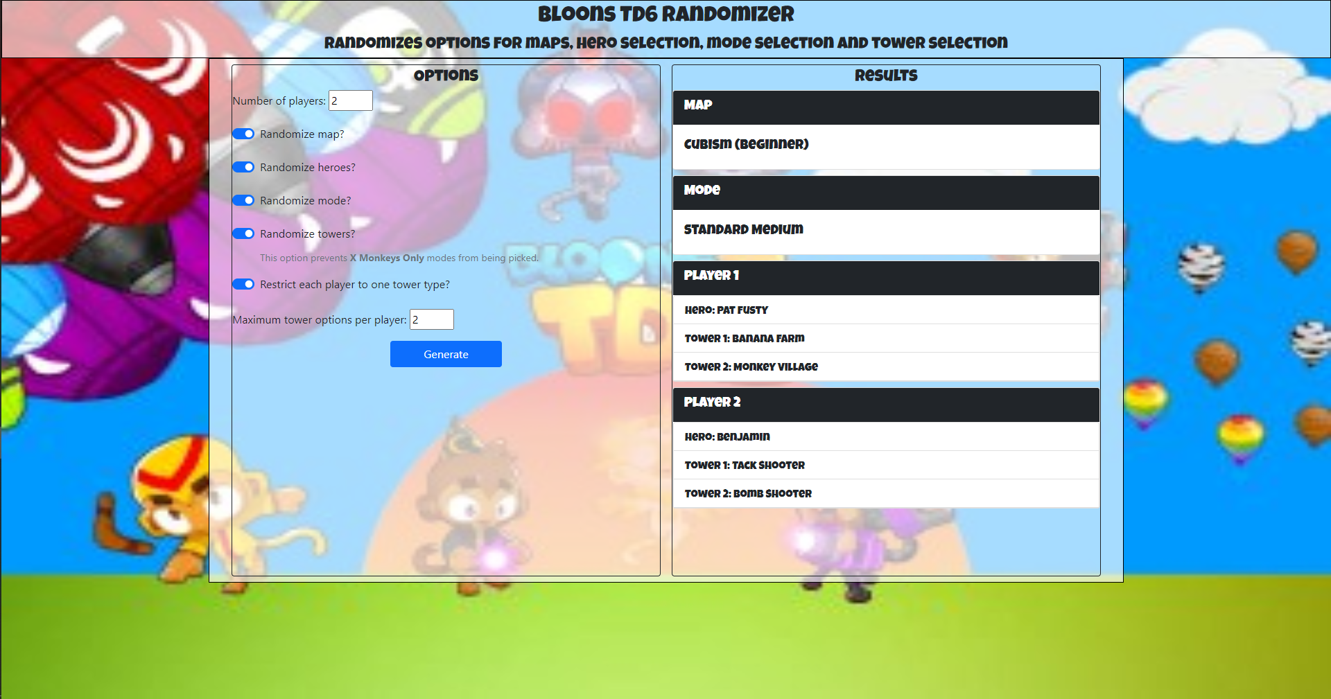 Image of the Bloons Tower Defense 6 Randomizer with generated results for 2 players, a random map, game mode and heroes and 2 towers for each player