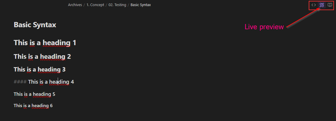 Obsidian file header in Live Preview mode, displaying the three icons where the active mode is highlighted with the `is-active` class.