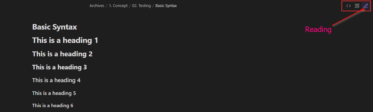 Obsidian file header in Reading mode, displaying the three icons where the active mode is highlighted with the `is-active` class.
