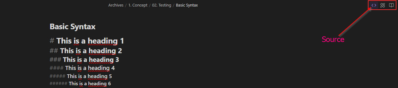 Obsidian file header in Source mode, displaying the three icons where the active mode is highlighted with the `is-active` class.