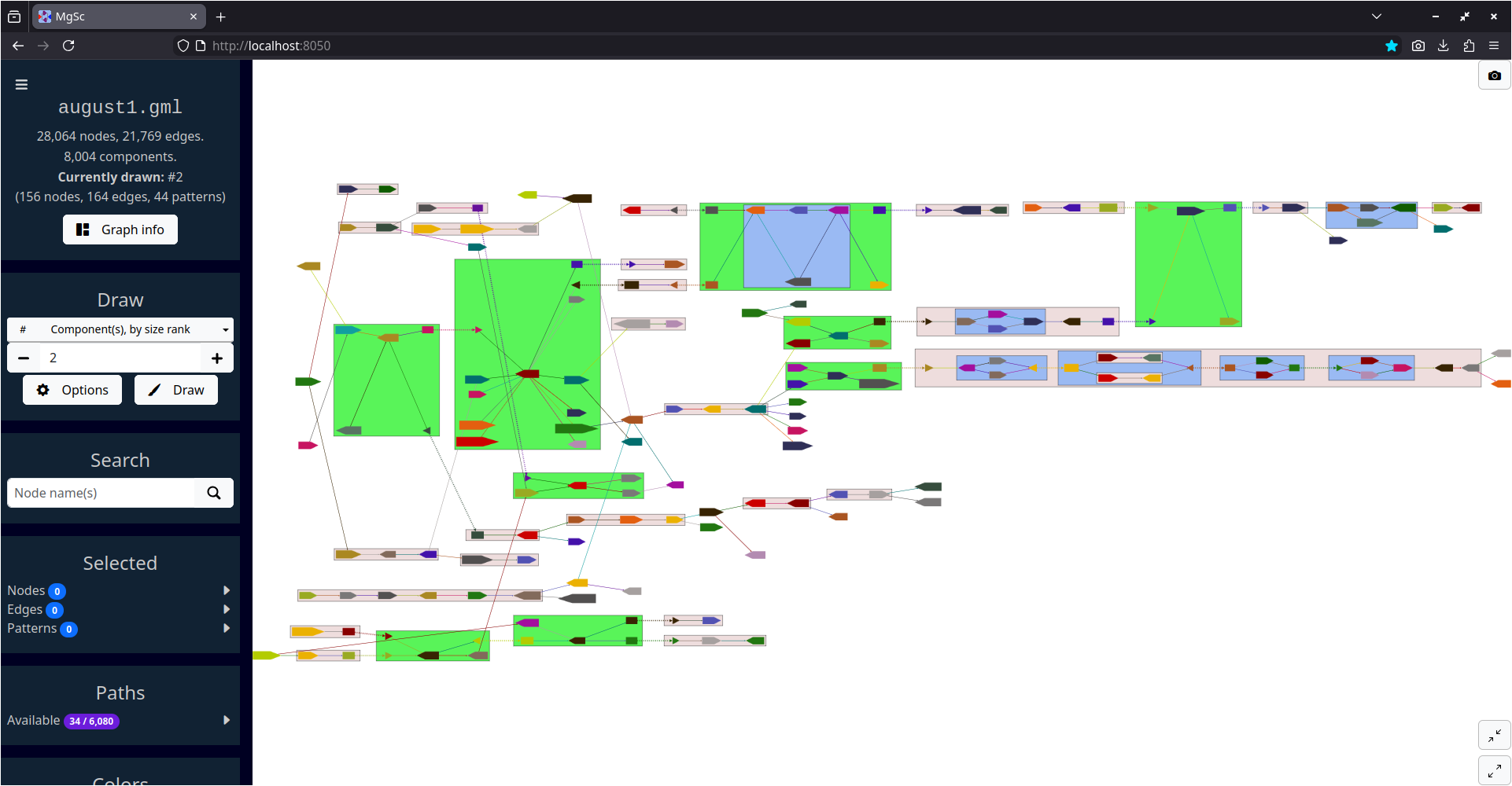 Second-largest component in a metagenome assembly graph, showing various identified structural patterns.
