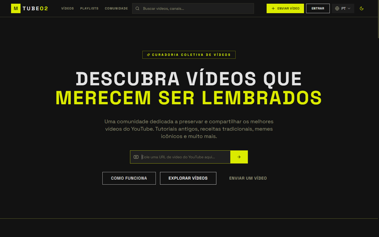 Interface pública do Tube O2, plataforma de curadoria de vídeos e playlists