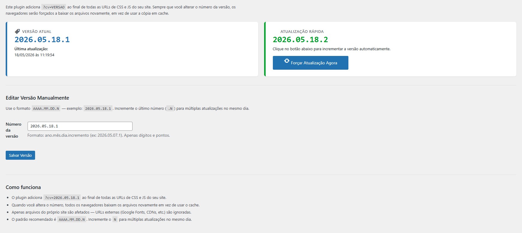 Interface principal do plugin com edição manual e seção 'Como funciona'