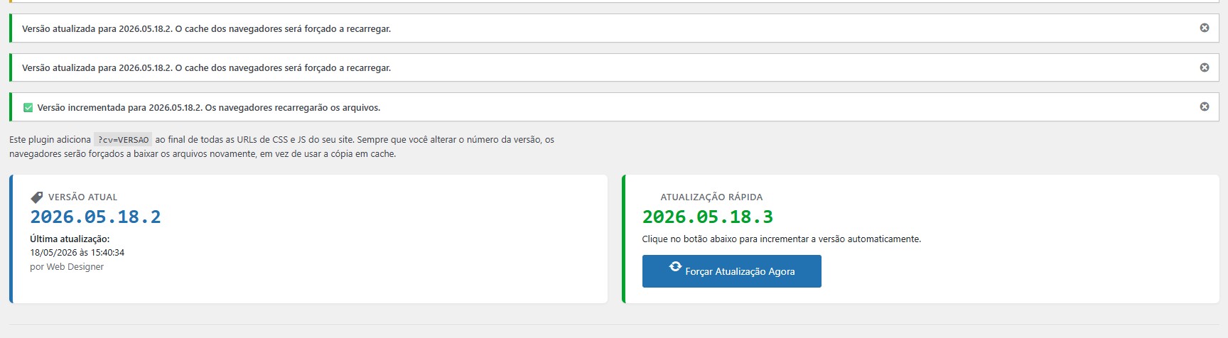 Plugin após atualização da versão com mensagens de confirmação