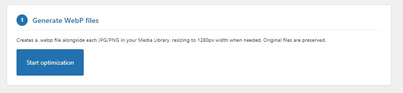 Generate WebP files section with Start optimization button