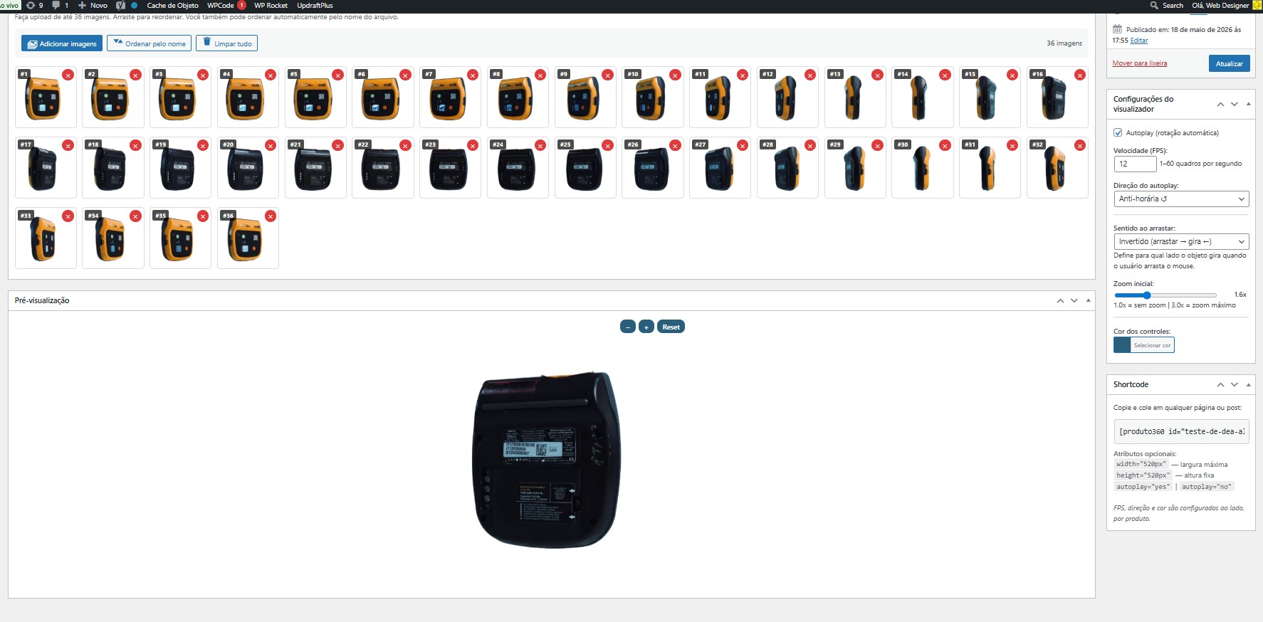 Listagem de produtos com miniatura, contagem 36/36 e shortcode