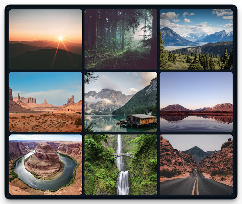 react-pic-gallery displaying a three-column gallery of landscape photos