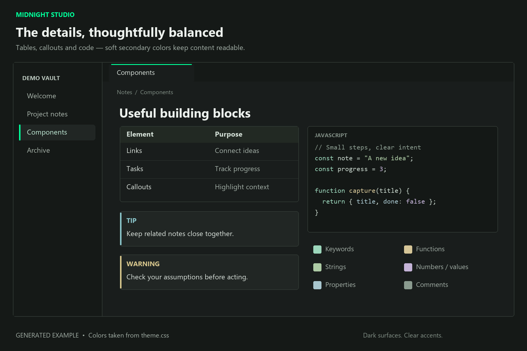 Midnight Studio illustrated example: tables, callouts, JavaScript, and syntax color roles