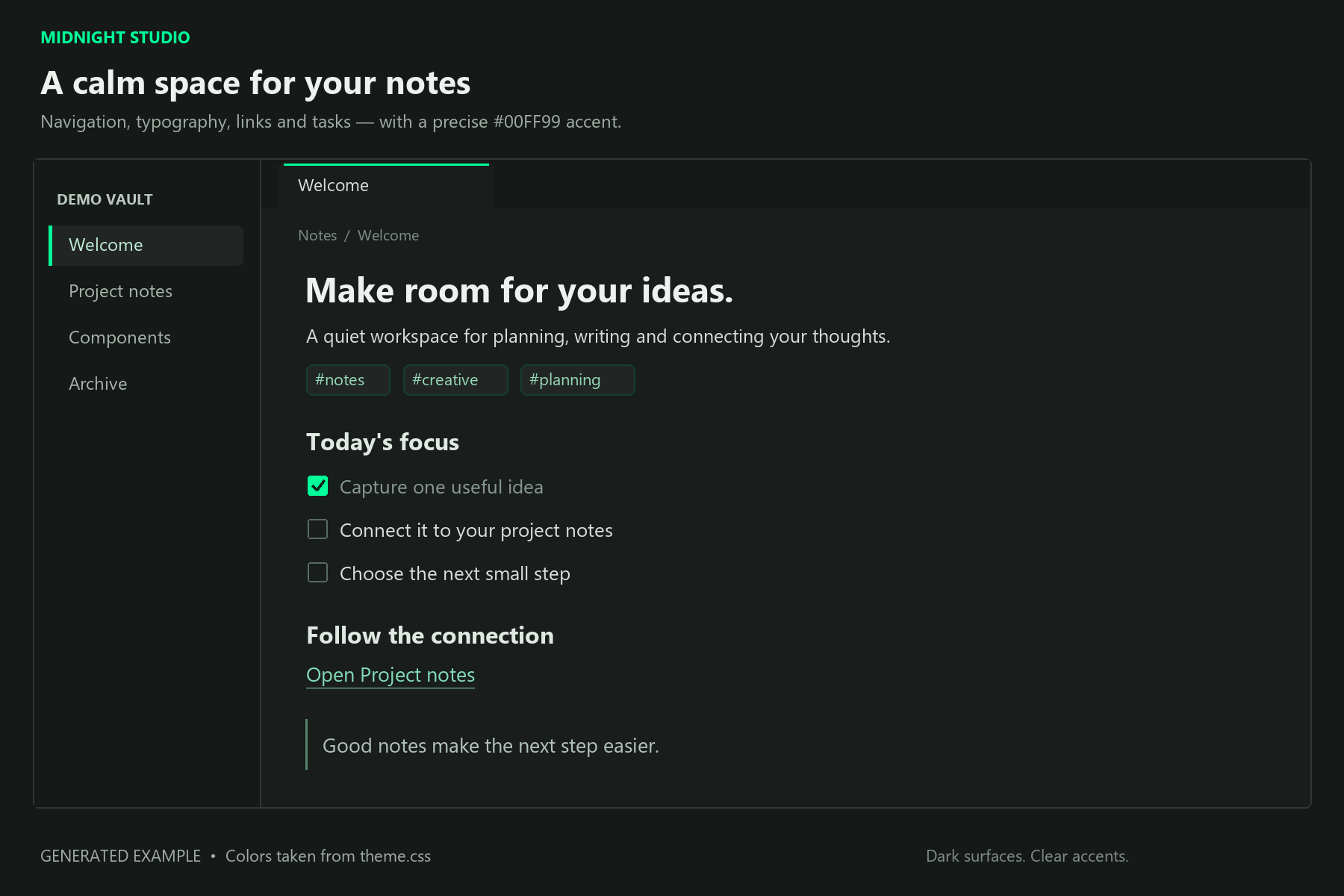 Midnight Studio illustrated example: navigation, headings, links, tags, and tasks