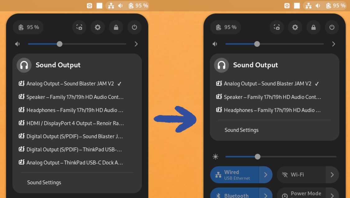 Gnome Outputs in Quick Settings