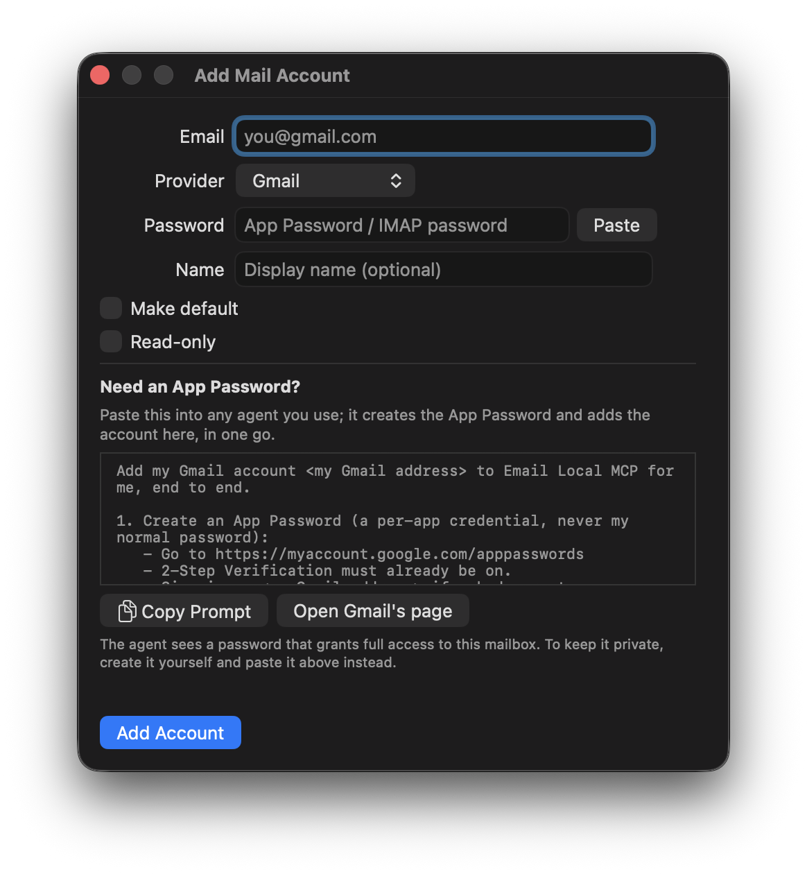 The Add Mail Account window: email, provider picker, password, and a copyable prompt for creating an App Password